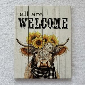 All Are Welcome Highland Cow Wood Hanging Sign Home Decor